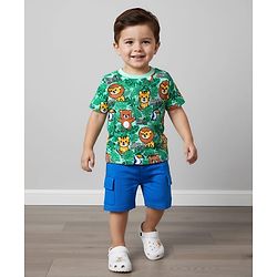 Babyhug Single Jersey Knit Half Sleeves T-Shirt & Short Set With Animal Print - Green & Blue