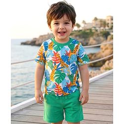 Babyhug Single Jersey Knit Half Sleeves T-Shirt & Shorts Set with Jungle Theme Print - Mint