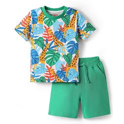 Babyhug Single Jersey Knit Half Sleeves T-Shirt & Shorts Set with Jungle Theme Print - Mint