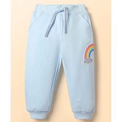 Babyhug Cotton Terry Knit Full Length Lounge Pants With Rainbow Applique - Light Blue