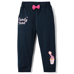 Babyhug Terry Knit Full Length Lounge Pant With Bow Applique & Text Print - Navy Blue