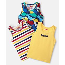 Babyhug 100% Cotton Knit Sandos With Stripes & Animal Print Pack of 3 - Navy Blue & Yellow