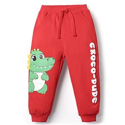 Babyhug Cotton Terry Knit Full Length Lounge Pants With Crocodile Print - Red