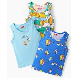 Babyhug 100% Cotton Knit Sleeveless Air Balloon & Boat Printed Sando Vests Pack of 3 - Multicolor