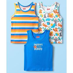 Babyhug 100% Knit Sleeveless Striped & Animal Printed Sando Vests Pack of 3 - Blue White & Yellow