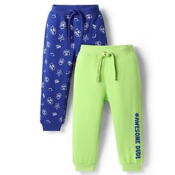 Babyhug Cotton Terry Knit Full Length Lounge Pants With Wholesome Dude Text Print Pack of 2 - Navy Blue & Light Green