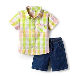 Babyhug Cotton Woven Half Sleeves Checks Shirt & Denim Shorts Set - Navy Blue