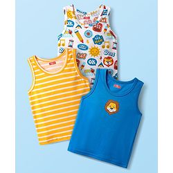 Babyhug 100% Cotton Single Jersey Knit Sleeveless Vest with Animal Print & Stripe Design Pack of 3 - Yellow Blue & White