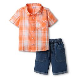 Babyhug Cotton Woven Half Sleeves Checks Shirt & Denim Shorts Set - Orange & Navy Blue