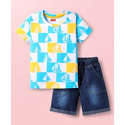 Babyhug Single Jersey Knit Half Sleeves Checks T-Shirt & Denim Shorts Set With Boat Print - Multicolor