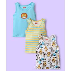 Babyhug 100% Cotton Sleeveless Vests With Stripes & Animal Print Pack Of 3 - Light Blue White & Yellow
