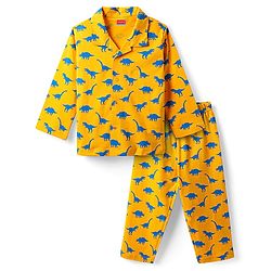 Babyhug Cotton Knit Full Sleeves Front Open Co-Ord Night Suit With Dino Print - Yellow
