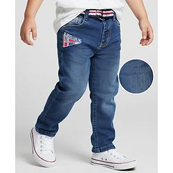 Babyhug Denim Full Length Wahsed Jeans With Stretch &  Belt - Navy Blue