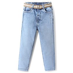Babyhug Denim Full Length Washed Jeans With Stretch & Belt - Blue