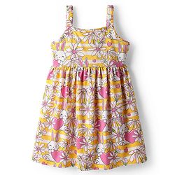 Babyhug 100% Cotton Shoulder Strap Floral & Bunny Printed Frock - Multicolour