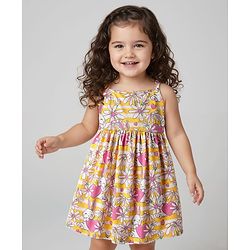 Babyhug 100% Cotton Shoulder Strap Floral & Bunny Printed Frock - Multicolour