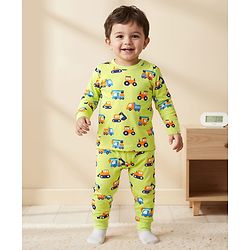 Babyhug Cotton Knit Full Sleeves Co-ords Night Suit with Vehicle Print - Light Green