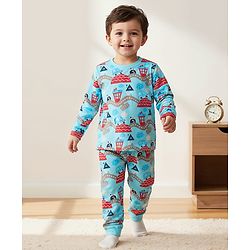 Babyhug Cotton Knit Full Sleeves Co-ords Night Suit with Car Print - Light Blue