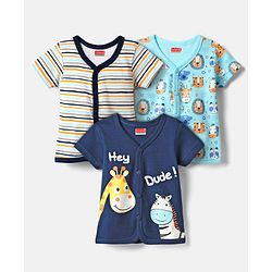 Babyhug 100% Cotton Half Sleeves Front Open Jhablas With Stripes & Animals Print Pack Of 3 - Navy Blue White & Light Blue.