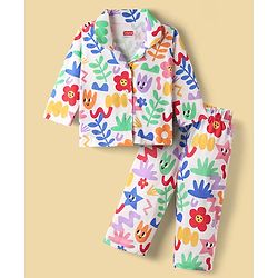 Babyhug Cotton Knit Full Sleeves Front Open Co-Ord Night Suit With Floral Print - Multi Colour