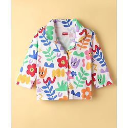 Babyhug Cotton Knit Full Sleeves Front Open Co-Ord Night Suit With Floral Print - Multi Colour