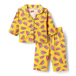 Babyhug Cotton Knit Full Sleeves Co-Ord Night Suit With Watermelon Print - Yellow