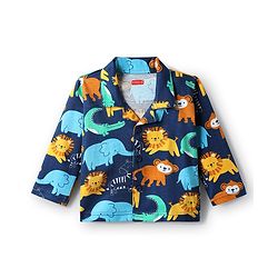 Babyhug Cotton Knit Full Sleeves Co-ords Night Suit With Animal Print - Navy Blue