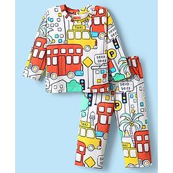 Babyhug Cotton Knit Full Sleeves Co-ords Night Suit with Traffic Print - White