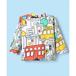 Babyhug Cotton Knit Full Sleeves Co-ords Night Suit with Traffic Print - White