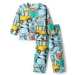 Babyhug Cotton Knit Full Sleeves Co-ords Night Suit with Animal Print - Light Blue