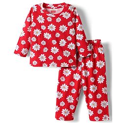 Babyhug Cotton Knit Full Sleeves Co-ords Night Suit with Floral Print - Red