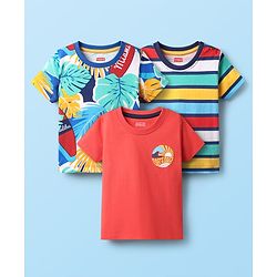 Babyhug 100% Cotton Knit Half Sleeves Striped & Beach Theme Printed T-Shirts Pack of 3 - Multicolor
