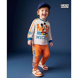 BABYHUG Single Jersey Knitted Full Sleeves T-Shirt & Pant Set With Mickey Mouse Graphic - Orange & White