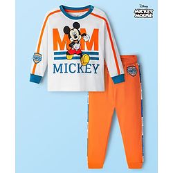 BABYHUG Single Jersey Knitted Full Sleeves T-Shirt & Pant Set With Mickey Mouse Graphic - Orange & White