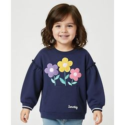 Babyhug Fleece Knit Drop Shoulder Full Sleeves Sweatshirt With Floral Embroidery & Kangaroo Pockets - Navy Blue