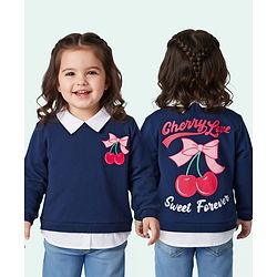 Babyhug Fleece Knit Full Sleeves Overlapped Sweatshirt With Front & Back Cherry Print - Navy Blue