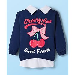 Babyhug Fleece Knit Full Sleeves Overlapped Sweatshirt With Front & Back Cherry Print - Navy Blue