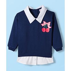 Babyhug Fleece Knit Full Sleeves Overlapped Sweatshirt With Front & Back Cherry Print - Navy Blue