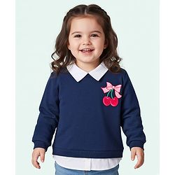Babyhug Fleece Knit Full Sleeves Overlapped Sweatshirt With Front & Back Cherry Print - Navy Blue