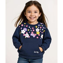 Babyhug Fleece Knit Full Sleeves Floral Applique & Butterfly Printed Sweatshirt - Navy Blue
