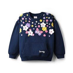 Babyhug Fleece Knit Full Sleeves Floral Applique & Butterfly Printed Sweatshirt - Navy Blue