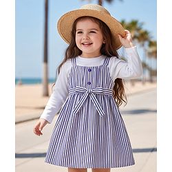 Babyhug Cotton Woven Striped Frock & Full Sleeves Inner Tee With Belt - Purple & White