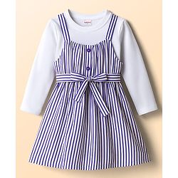 Babyhug Cotton Woven Striped Frock & Full Sleeves Inner Tee With Belt - Purple & White