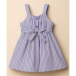Babyhug Cotton Woven Striped Frock & Full Sleeves Inner Tee With Belt - Purple & White