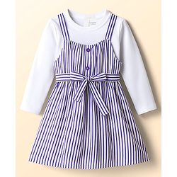Babyhug Cotton Woven Striped Frock & Full Sleeves Inner Tee With Belt - Purple & White