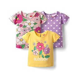 Babyhug 100% Cotton Knit Half Sleeves Floral & Polka Dot Printed T-Shirts Pack of 3 - Yellow Pink & Purple