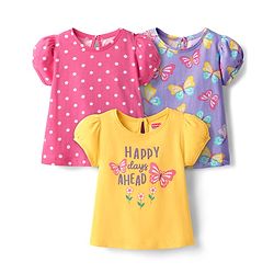 Babyhug 100% Cotton Knit Half Sleeves Butterfly & Polka Dot Printed T-Shirts Pack of 3 - Yellow Pink & Purple