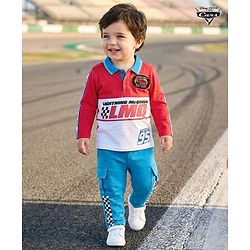 Babyhug Disney Single Jersey Knit Full Sleeves Cut and Sew Polo T-Shirt & Lounge Pants Set with Cars Graphic - Red & Blue