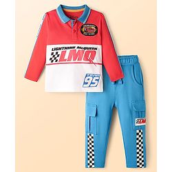 Babyhug Disney Single Jersey Knit Full Sleeves Cut and Sew Polo T-Shirt & Lounge Pants Set with Cars Graphic - Red & Blue