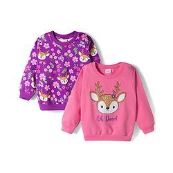 Babyhug Cotton Knit Full Sleeves Sweatshirts With Floral & Reindeer Print Pack of 2 - Pink & Purple